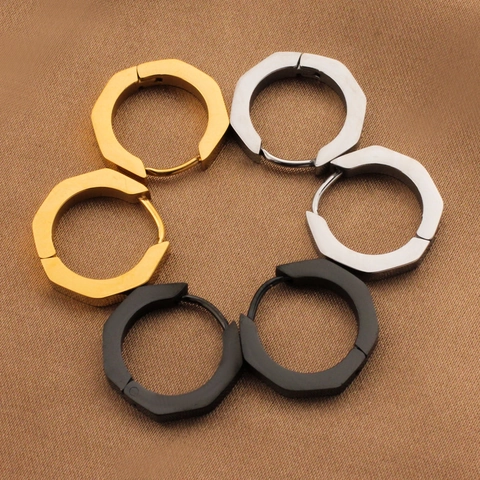 Boucles d'Oreilles Créoles Géométriques Octogonales en Acier Titane Minimalistes pour Hommes Femmes Hip Hop Bijoux d'Oreille Huggie Polis
