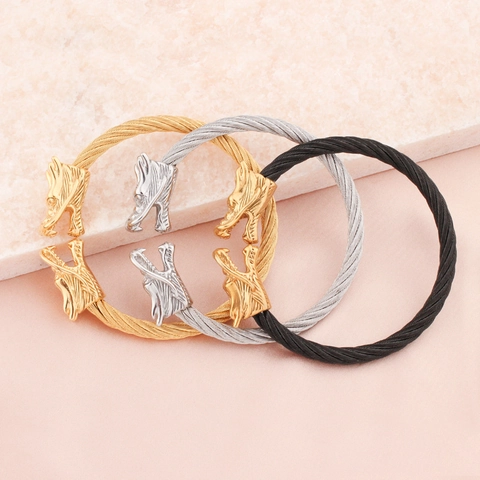 Punk Stainless Steel Dragon Head Open Cuff Bracelet For Men Women Vintage Twisted Cable Wire Metal Bangle Jewelry Accessory
