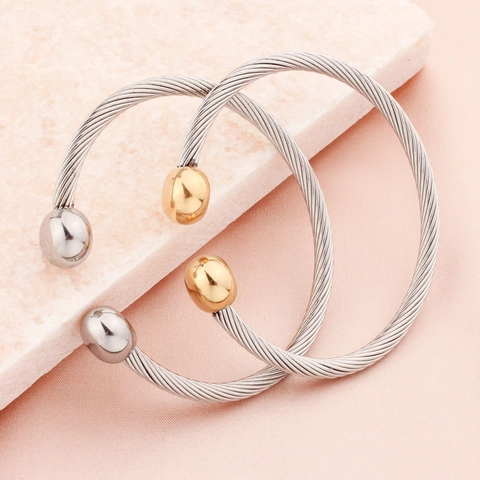 Fashion Stainless Steel Twisted Cable Wire Open Bangle Bracelet For Women Gold Silver Plated Ball Ends Hip Hop Jewelry