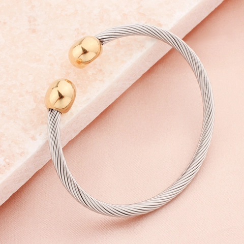 Fashion Stainless Steel Twisted Cable Wire Open Bangle Bracelet For Women Gold Silver Plated Ball Ends Hip Hop Jewelry