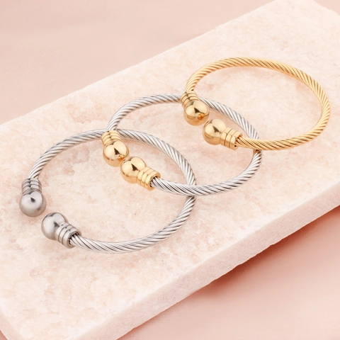 Brazalete Abierto de Acero Inoxidable con Cable Trenzado Ajustable Extremos de Bola Joyería de Moda Minimalista Regalo para Mujer