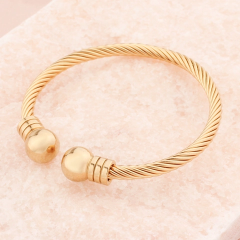 Brazalete Abierto de Acero Inoxidable con Cable Trenzado Ajustable Extremos de Bola Joyería de Moda Minimalista Regalo para Mujer