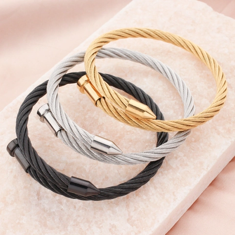 Punk Stainless Steel Nail Wire Rope Cuff Bangle Bracelet For Men Women Industrial Twisted Cable Open Wristband Jewelry