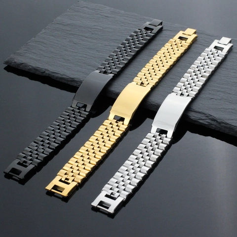 ID Bracelet Stainless Steel Watchband Link Chain Polished Rectangular Plate Minimalist Vintage Jewelry For Men Women