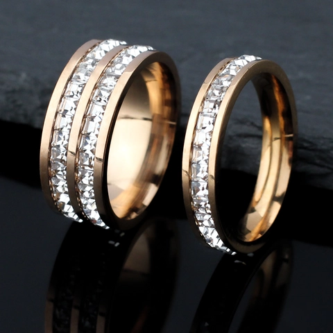 Bague d'Éternité de Luxe en Acier Inoxydable avec Strass Complet Anneau Incrusté à Simple ou Double Rangée pour Femme Homme Bijoux de Mariage