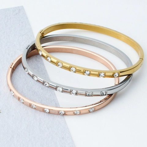 Mode Edelstahl Schlanker Strass Eingelegt Armreif Für Damen Gold Silber Roségold Galvanisiert Eingelegter Kristall Schmuck Armreif