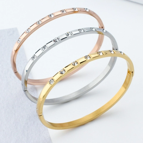 Mode Edelstahl Schlanker Strass Eingelegt Armreif Für Damen Gold Silber Roségold Galvanisiert Eingelegter Kristall Schmuck Armreif