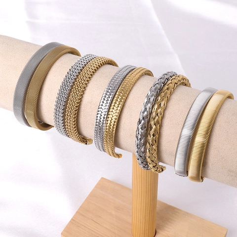 Bracciale Rigido Aperto Intrecciato in Acciaio Inossidabile per Donna Placcato Oro Argento Bracciale a Polsino a Rete Gioielli di Moda