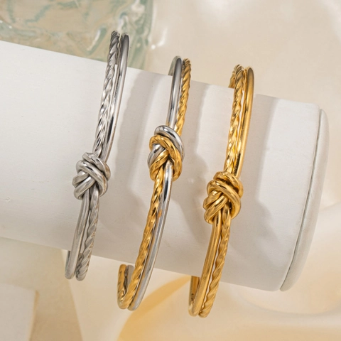 Brazalete Abierto Vintage de Acero Inoxidable Chapado en Oro 18K con Nudo y Cable Retorcido Joyería de Moda Minimalista