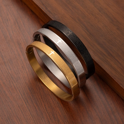 Brazalete de Hombre Punk de Acero de Titanio con Cruz Religiosa Escritura Bañado en Oro 18K Oración Español Italiano