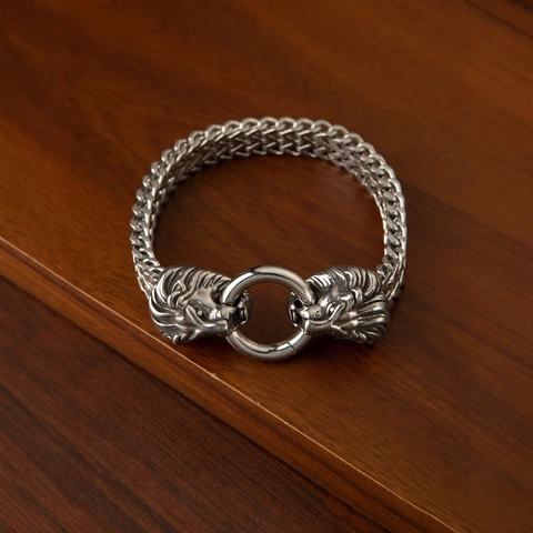 Pulsera Trenzada de Acero de Titanio Vintage para Hombre Cabeza de Animal Estilo Punk Vikingo León Lobo Dragón Calavera Joyería