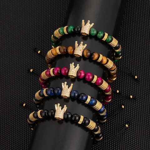 Lujosa Pulsera de Cuentas de Piedra Natural de Acero Inoxidable con Corona y Brazalete de Números Romanos para Hombre Mujer