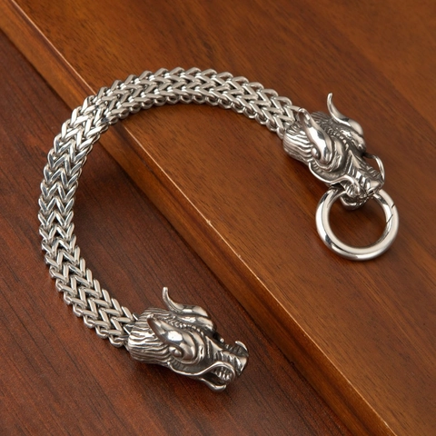 Pulsera Trenzada de Acero de Titanio Vintage para Hombre Cabeza de Animal Estilo Punk Vikingo León Lobo Dragón Calavera Joyería