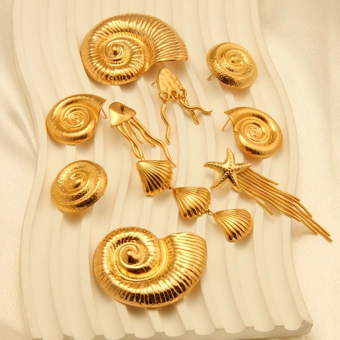 Pendientes de Acero Inoxidable Chapado en Oro Vida Marina Con Estrella de Mar Medusa Concha Perla Artificial Flecos Vacaciones Joyeria