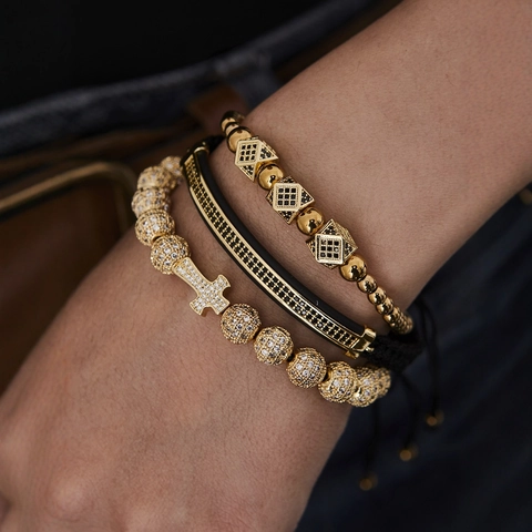 Punk Acero Inoxidable Cruz Diamantes de Imitación Pulsera Set para Hombres Mujeres Hip Hop Pavé Circón Estilo Joyería