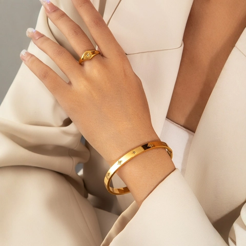 Brazalete Y Anillo De Sello De Estrella En Acero Inoxidable Chapado En Oro De 18K Para Mujer Joyería Minimalista Con Zirconia