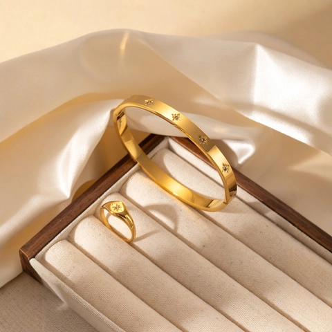 Brazalete Y Anillo De Sello De Estrella En Acero Inoxidable Chapado En Oro De 18K Para Mujer Joyería Minimalista Con Zirconia
