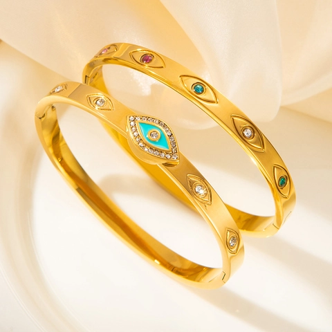 Trendiger Edelstahl Armreif Mit Bösem Blick Für Damen Vergoldet Bunte Zirkonia Emaille Boho Schmuck Verstellbares Armband