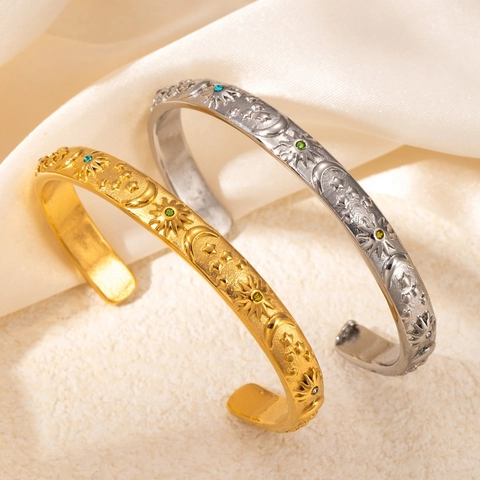 Pulsera Brazalete Pendientes de Aro de Acero Inoxidable Relieve Sol Luna Estrella Oro Zirconia Joyería de Mujer