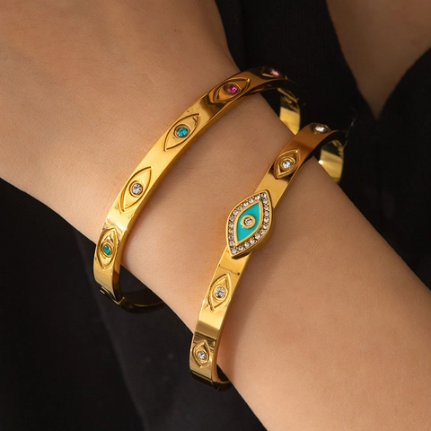Trendiger Edelstahl Armreif Mit Bösem Blick Für Damen Vergoldet Bunte Zirkonia Emaille Boho Schmuck Verstellbares Armband