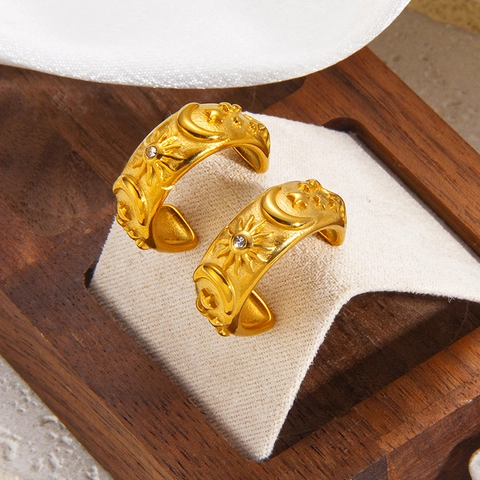 Pulsera Brazalete Pendientes de Aro de Acero Inoxidable Relieve Sol Luna Estrella Oro Zirconia Joyería de Mujer
