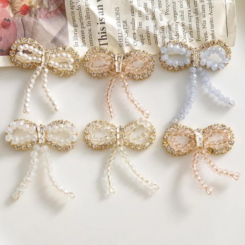 DIY Bowknot Tassel Charms For Jewelry Making Alloy Rhinestone Faux Artificial Pearl Bow Dangle For Earring Hair Accessories Crafts