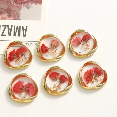 Alloy Gold Irregular Frame Red Dried Flower Resin Charms DIY Jewelry Making Accessories For Earrings Bracelet Phone Case