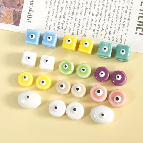 Handmade Evil Eye Ceramic Beads DIY Jewelry Making Geometric Square Round Oval Glazed Loose Beads For Earrings Crafting Supplies