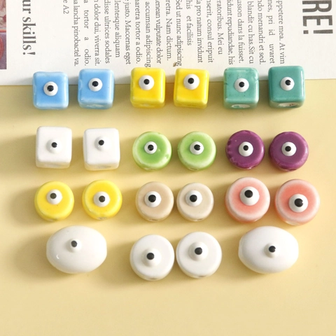Handmade Evil Eye Ceramic Beads DIY Jewelry Making Geometric Square Round Oval Glazed Loose Beads For Earrings Crafting Supplies