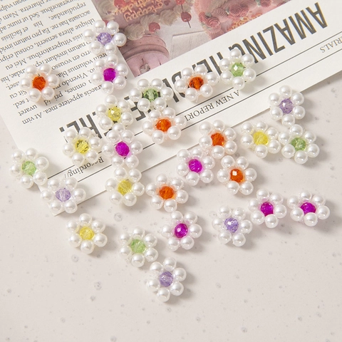 Handmade Woven Artificial Pearl Flower Beads Colorful Acrylic Crystal Core Floral Charms For DIY Jewelry Making
