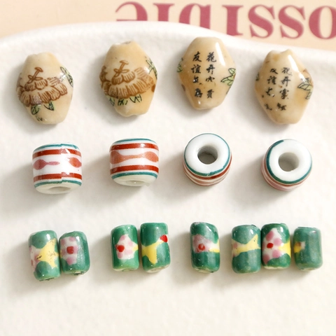 Vintage Chinese Style Hand Painted Ceramic Beads For DIY Jewelry Making Calligraphy Floral Porcelain Spacer Beads