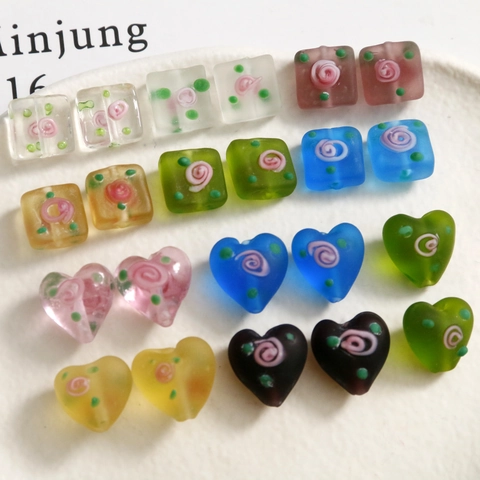 Handmade Frosted Matte Glass Beads With Rose Flower Inner Patterns Heart Square Beads For DIY Earring Jewelry Crafting