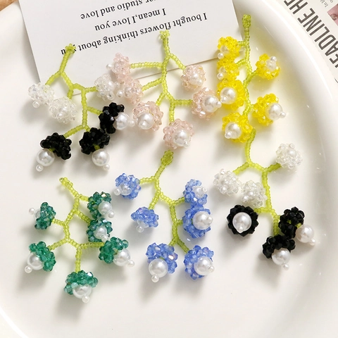 Hand-woven Beaded Flower Cluster Drop Earrings Fairy Style Artificial Pearl Floral Dangle Earrings For Women Sweet Jewelry