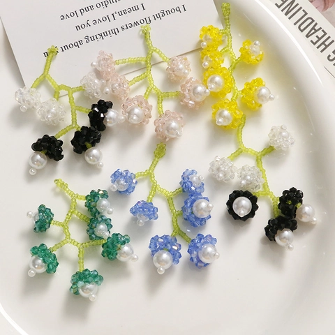 Hand-woven Beaded Flower Cluster Drop Earrings Fairy Style Artificial Pearl Floral Dangle Earrings For Women Sweet Jewelry