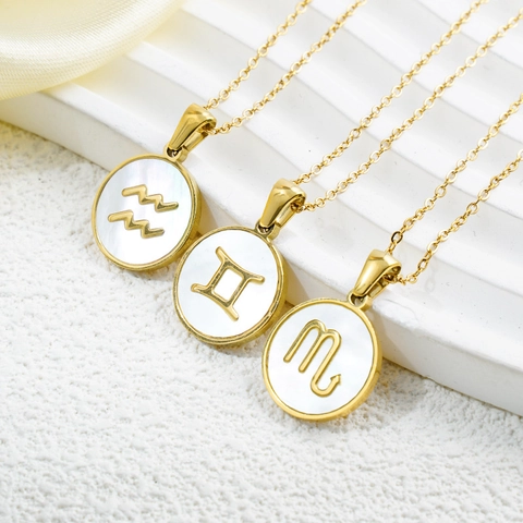 Collar de Zodiaco de Acero Inoxidable Chapado en Oro para Mujer Colgante Redondo de Nacre Joyería de Constelación Regalo