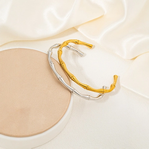 Minimalistisches Edelstahl Bambusknoten Offenes Manschettenarmband Für Damen Natur Inspiriert Modischer Handschmuck Zubehör