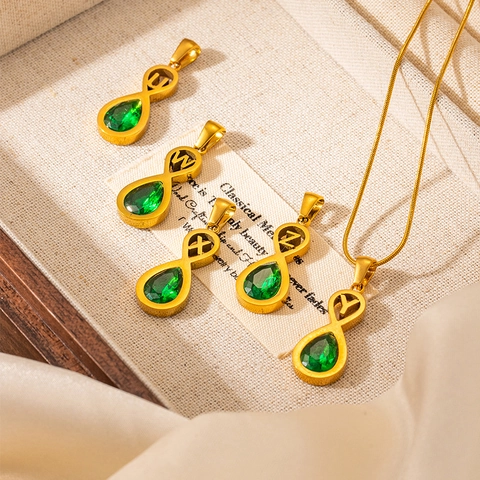 Collar de Letra Inicial con Símbolo de Infinito de Acero Inoxidable para Mujer Colgante de Diamante de Imitación Verde Retro