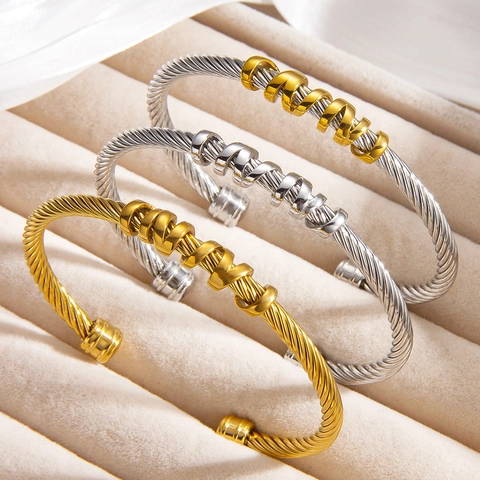 Vintage Stainless Steel Twisted Cable Open Bangle Bracelet For Women Gold Silver Two-tone Plated Metal Wrap Cuff Bracelet Jewelry