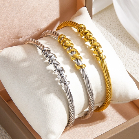 Vintage Stainless Steel Twisted Cable Open Bangle Bracelet For Women Gold Silver Two-tone Plated Metal Wrap Cuff Bracelet Jewelry