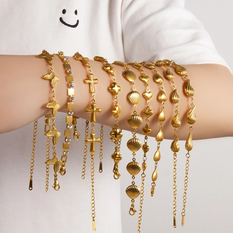 Pulseras Vintage de Acero de Titanio Chapado en Oro Con Dijes de Océano Concha Corazón Mariposa Para Mujer Joyería Perla Artificial