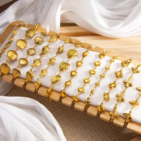 Pulseras Vintage de Acero de Titanio Chapado en Oro Con Dijes de Océano Concha Corazón Mariposa Para Mujer Joyería Perla Artificial