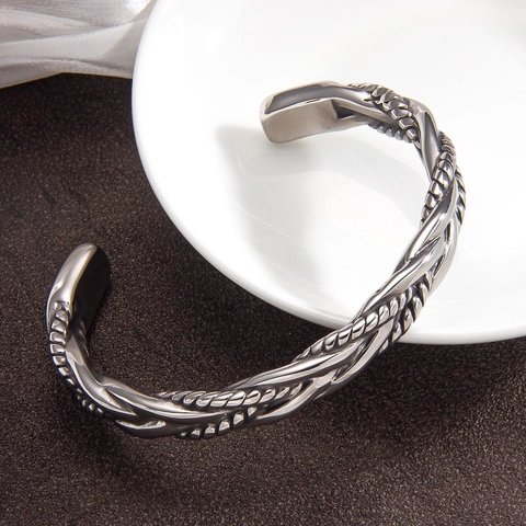 Retro Twisted Rope Cuff Bracelet Stainless Steel Braided Punk Hip Hop Minimalist Jewelry For Men Unisex Vintage Silver