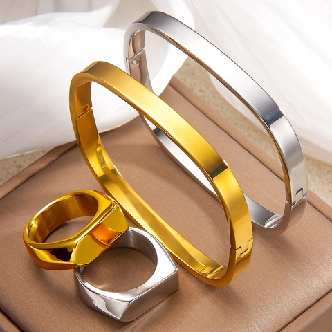 Brazalete Y Anillo Minimalistas De Acero Inoxidable Para Mujeres Hombres Chapado En Oro Plata Geométrico Cuadrado Joyería