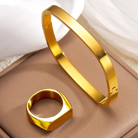 Brazalete Y Anillo Minimalistas De Acero Inoxidable Para Mujeres Hombres Chapado En Oro Plata Geométrico Cuadrado Joyería