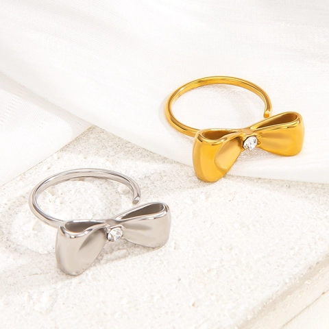 Elegant Bowknot Ring Stainless Steel High Polished Zircon Inlaid Fashion Jewelry For Women Minimalist Dainty Accessory