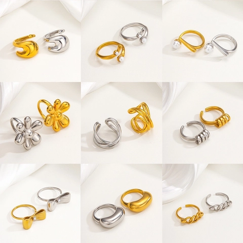 Anillos Ajustables de Acero Inoxidable para Mujer Chapado en Oro 18K Flor Corazón Lazo Perla Artificial Diamante de Imitación Joyería