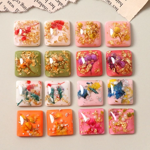 Square Resin Dried Flower Charms With Gold Foil Artificial Pearl DIY Jewelry Accessories For Earrings Hairpin Phone Case