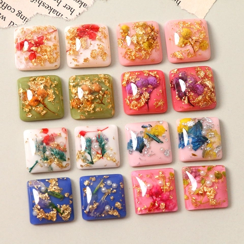 Square Resin Dried Flower Charms With Gold Foil Artificial Pearl DIY Jewelry Accessories For Earrings Hairpin Phone Case