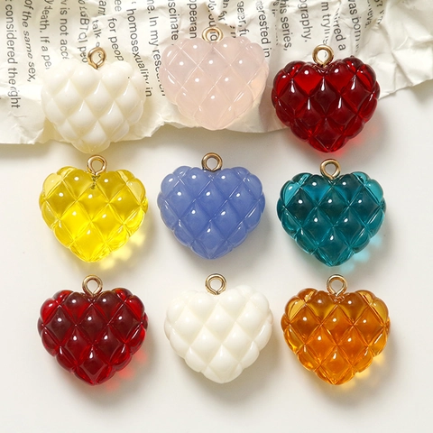 Colgantes de Corazón de Resina con Patrón de Diamantes de Doble Cara Estéreo Con Lazo de Metal Para DIY Pendientes Pinza Pelo Funda Móvil Accesorios