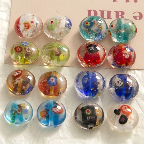 Vintage Floral Round Lampwork Glass Beads Hand-painted Millefiori Beads With Gold Foil For DIY Jewelry Making Crafts
